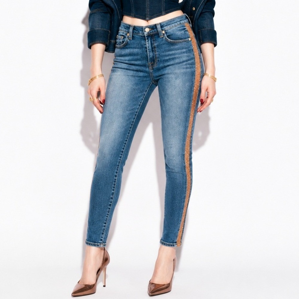 7FAMK Luxe Vintage Cropped Skinny Jeans Womens 2 26" Bronze Metallic Medium Wash